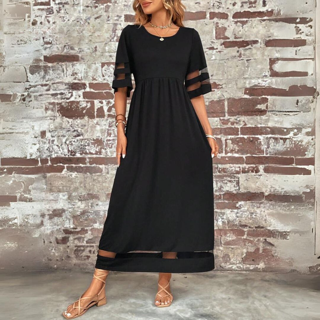 Noir | Women's Stretch Mesh Panel Gathered Waist Maxi Dress
