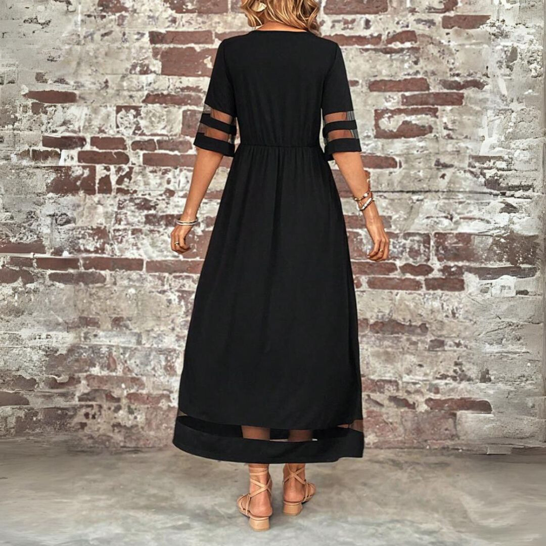 Noir | Women's Stretch Mesh Panel Gathered Waist Maxi Dress