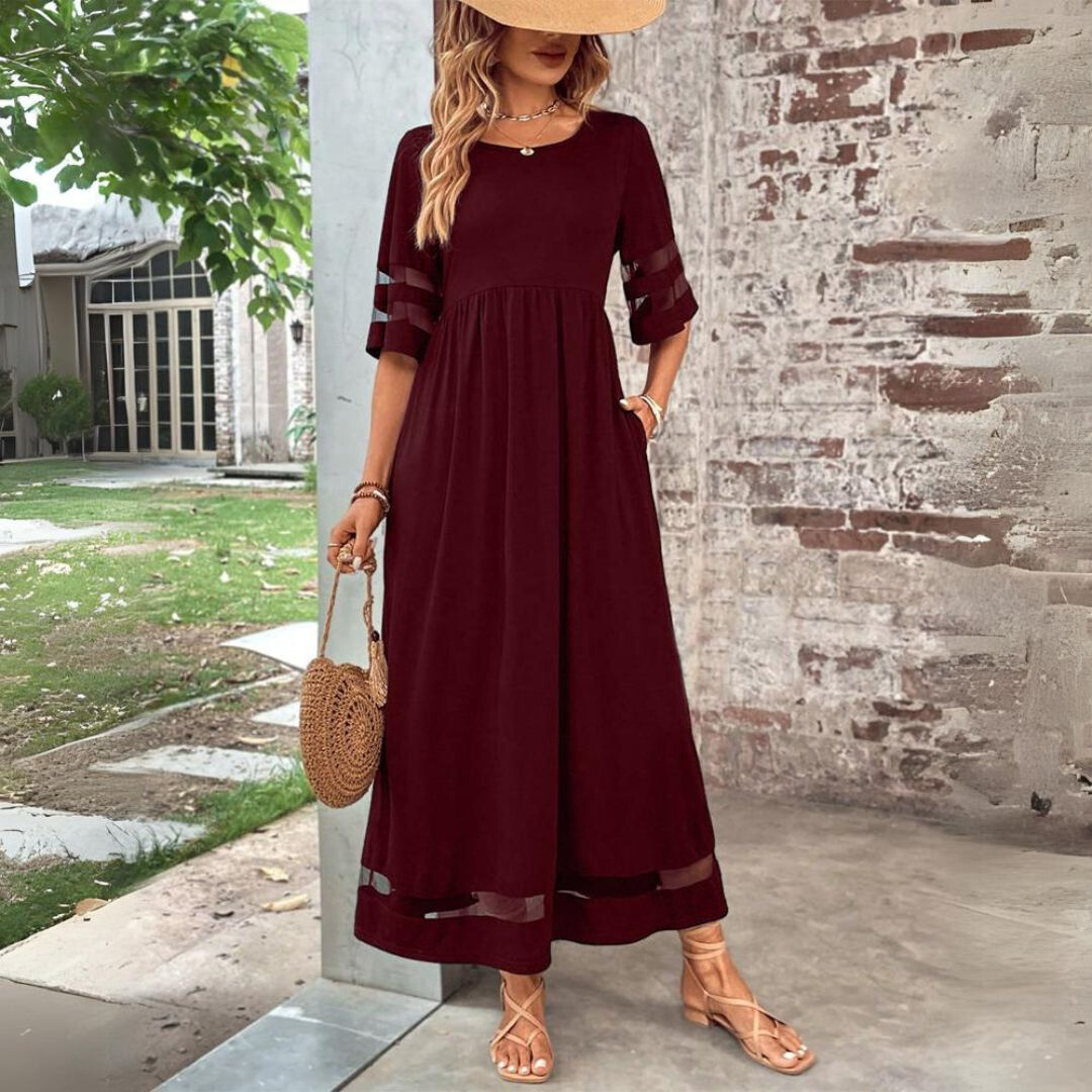 Noir | Women's Stretch Mesh Panel Gathered Waist Maxi Dress