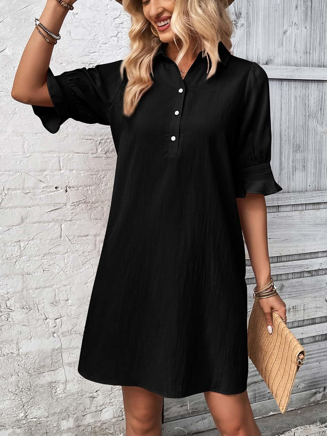Nori | Women's Cotton Half-Button Flared Sleeve Mini Dress