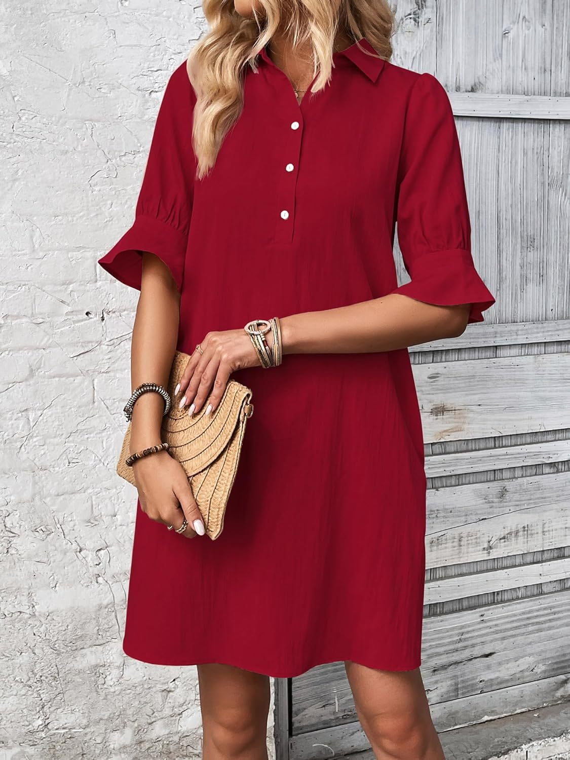 Nori | Women's Cotton Half-Button Flared Sleeve Mini Dress
