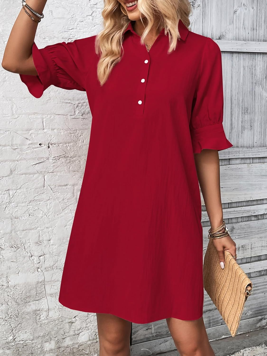 Nori | Women's Cotton Half-Button Flared Sleeve Mini Dress