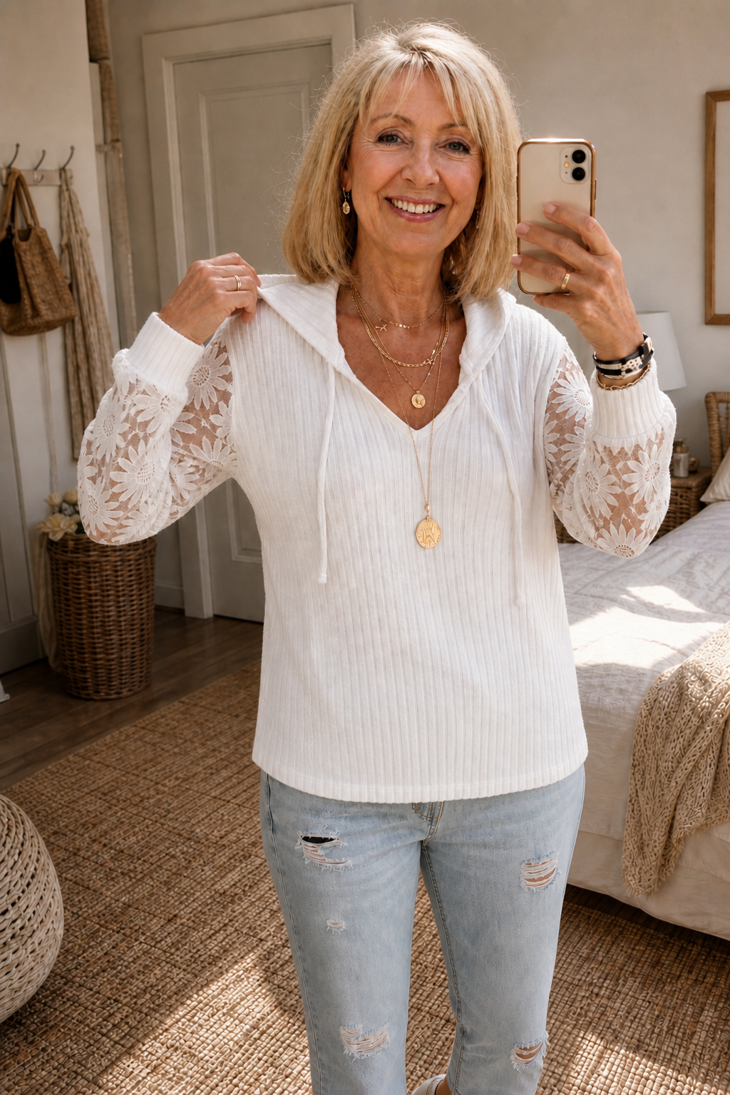Mathilda - Ribbed Hooded Cardigan with Sheer Sleeves