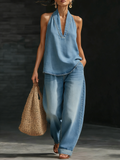 Marion | Sleeveless V-Neck Denim Two-Piece Set