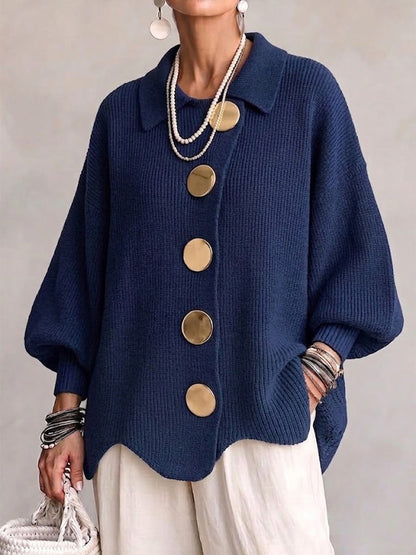 Woman wearing oversized cardigan with lantern sleeves