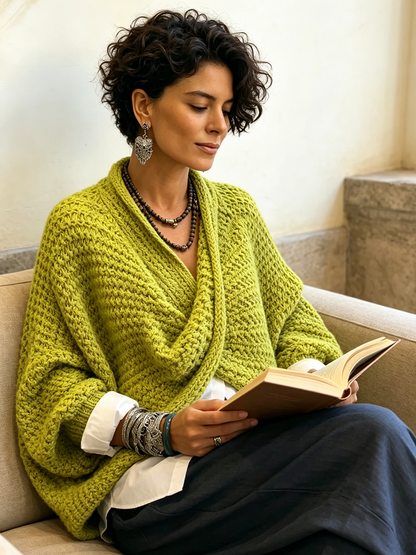 Woman wearing batwing crossover V-neck sweater indoors