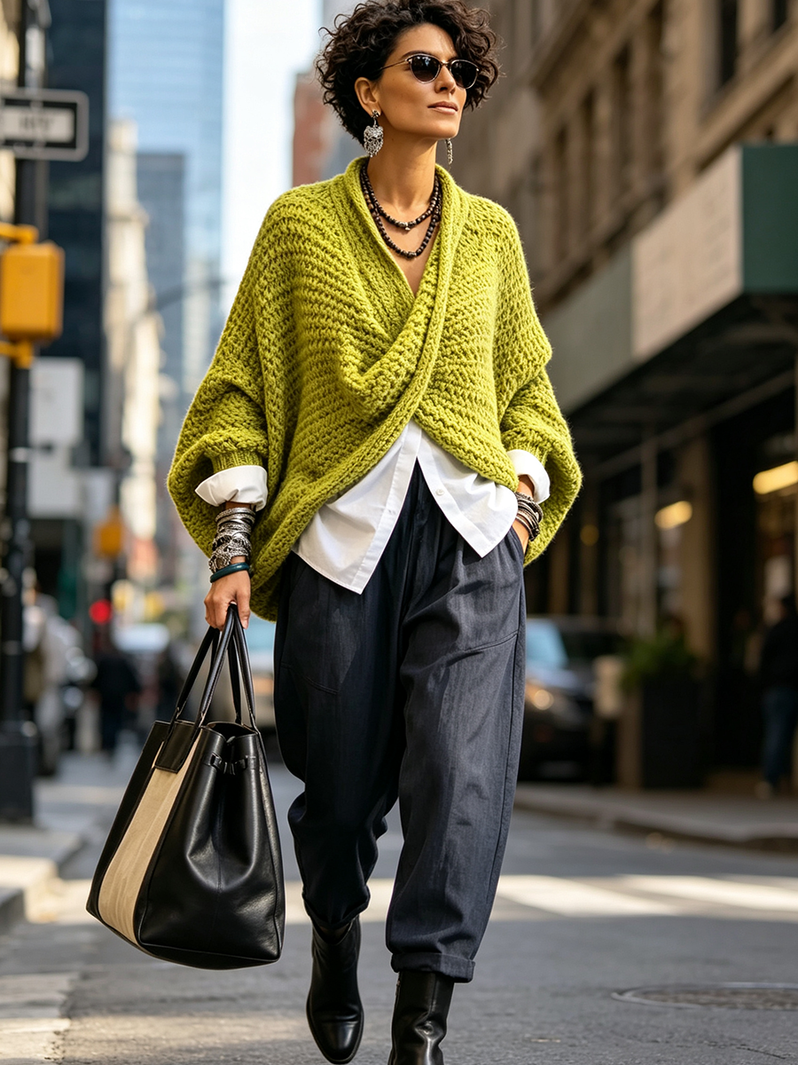Woman wearing batwing crossover V-neck sweater indoors