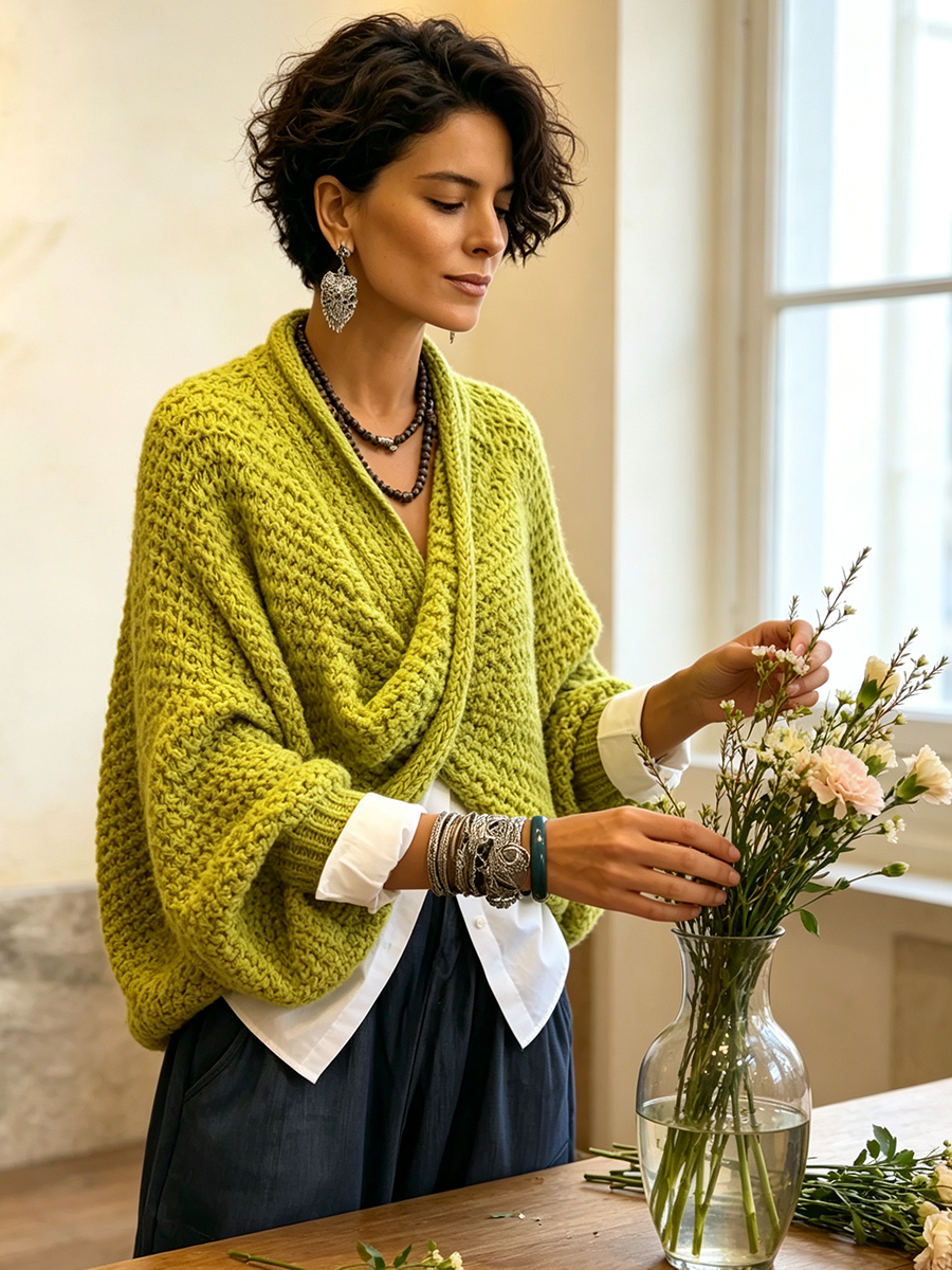 Woman wearing batwing crossover V-neck sweater indoors