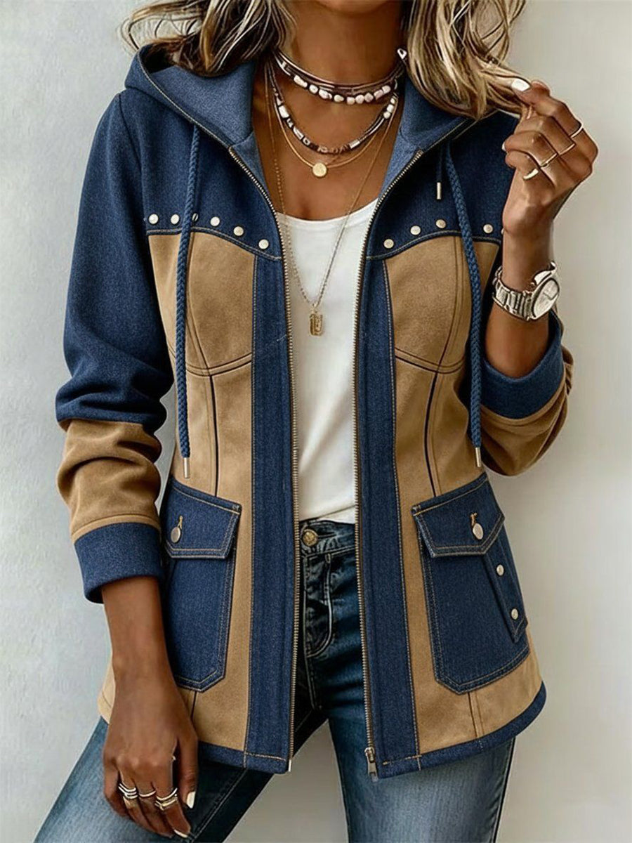 Women's navy and camel hooded jacket with chest studs