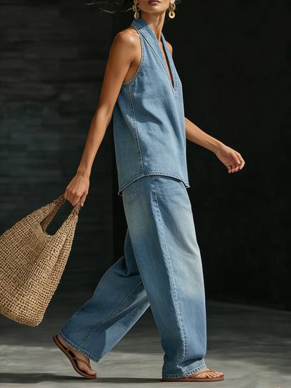 Women's sleeveless V-neck denim two-piece set