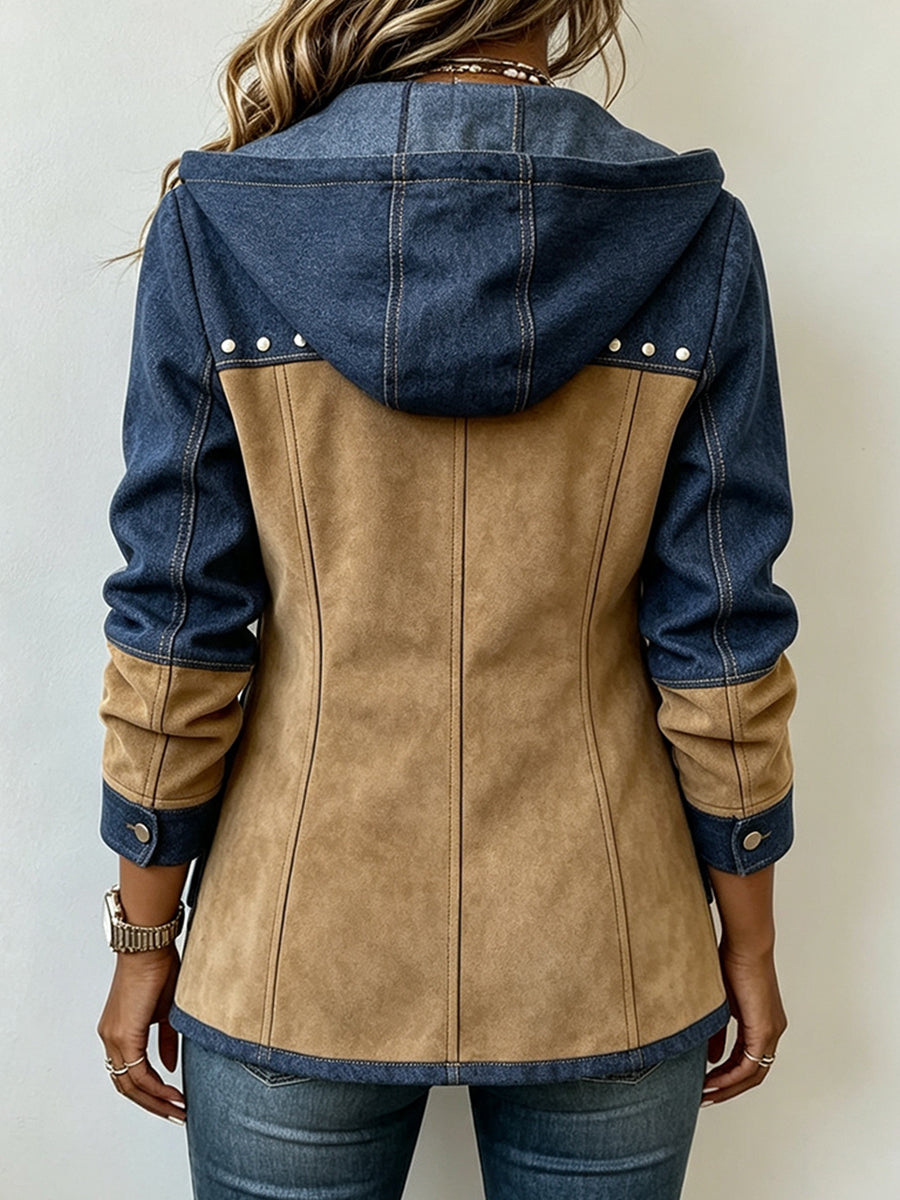 Women's navy and camel hooded jacket with chest studs