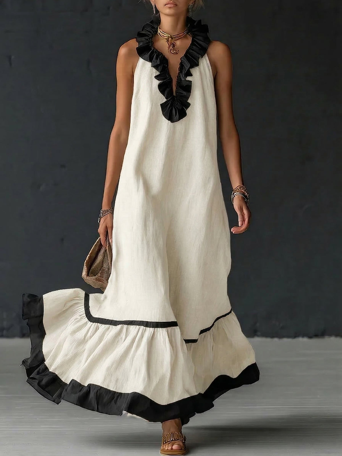 Woman wearing ruffled color-block maxi dress outdoors