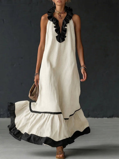 Woman wearing ruffled color-block maxi dress outdoors