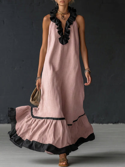 Woman wearing ruffled color-block maxi dress outdoors
