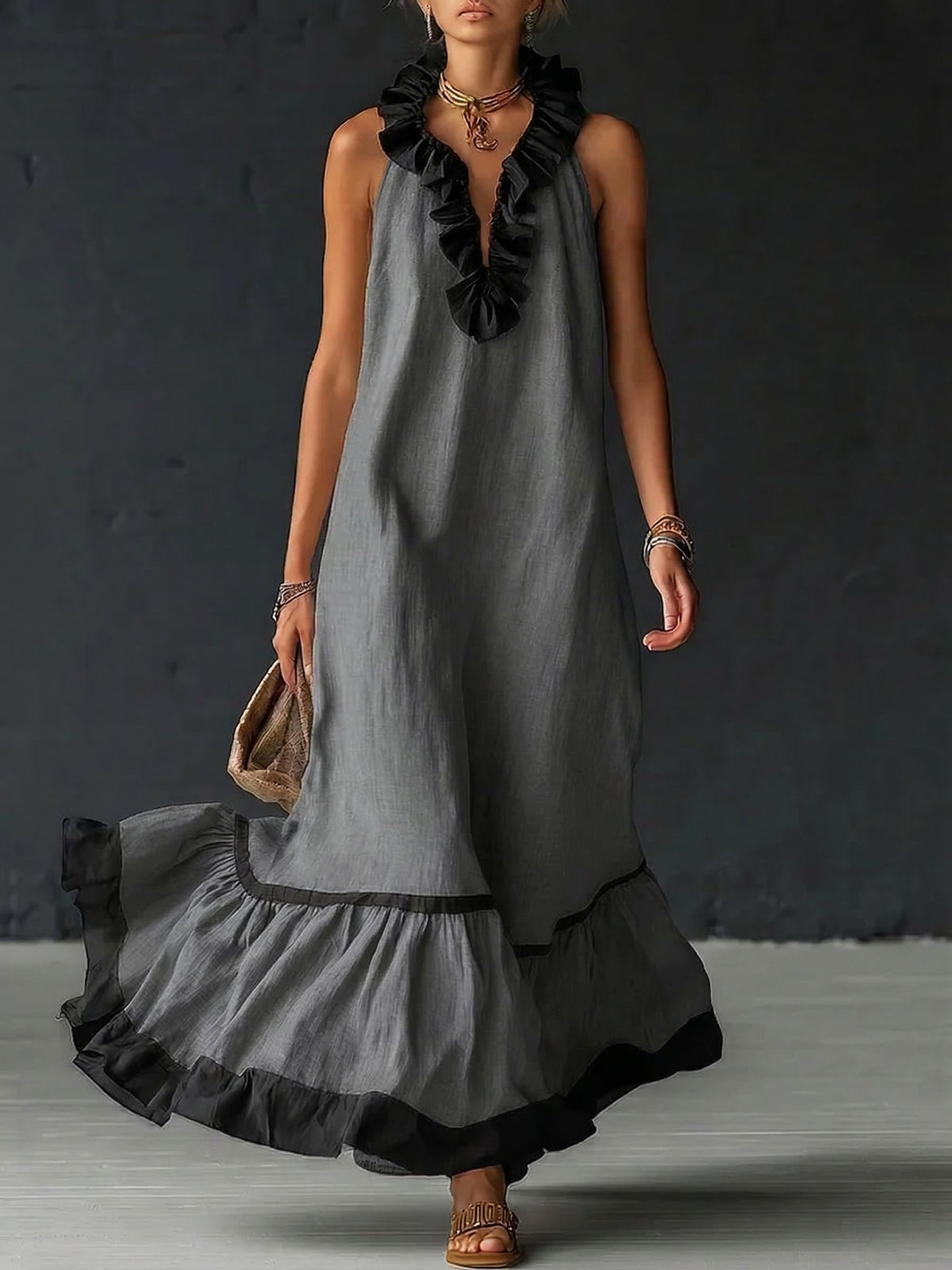 Woman wearing ruffled color-block maxi dress outdoors