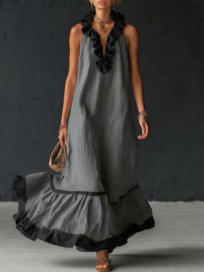 Woman wearing ruffled color-block maxi dress outdoors