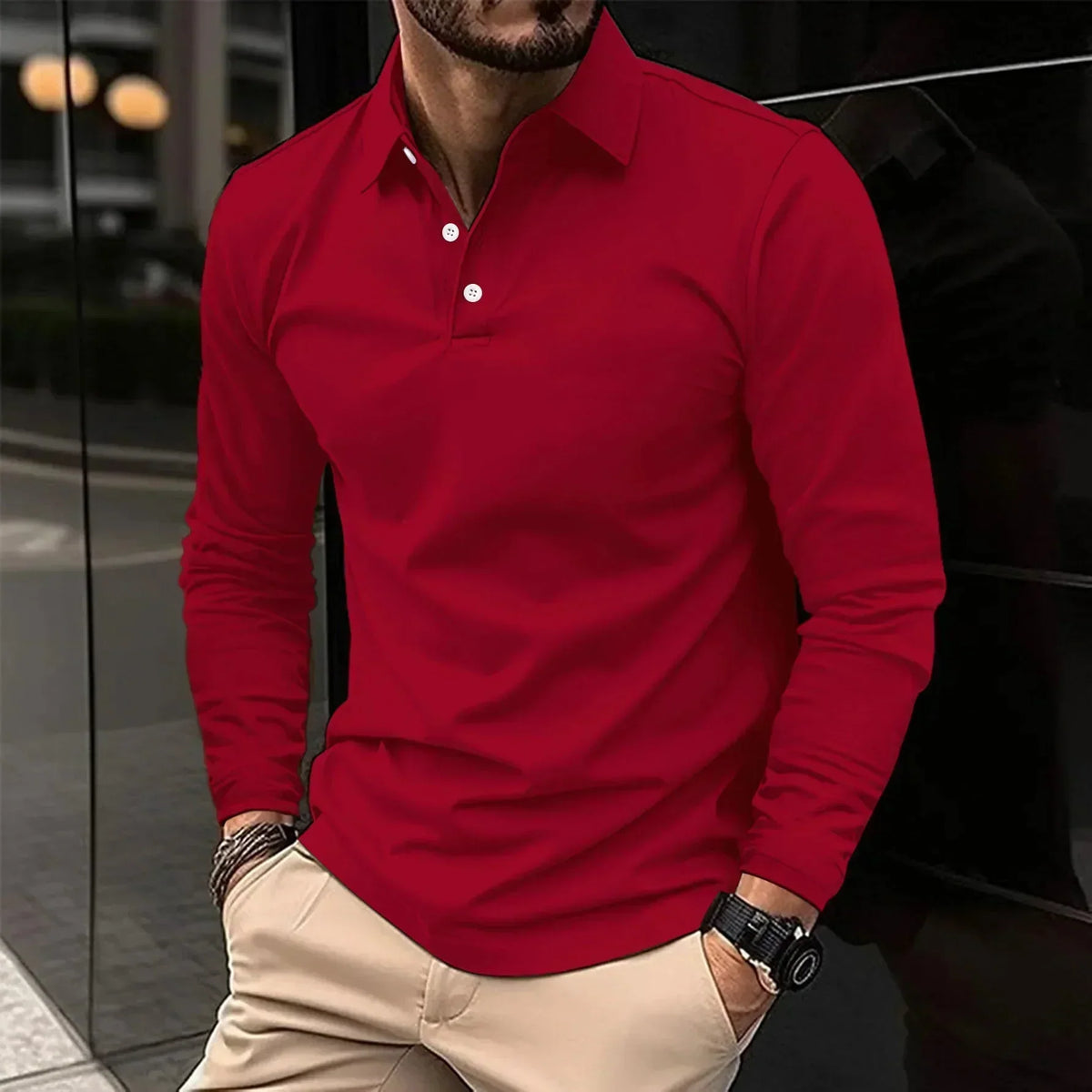 Men's long sleeve polo shirt with classic collar - red