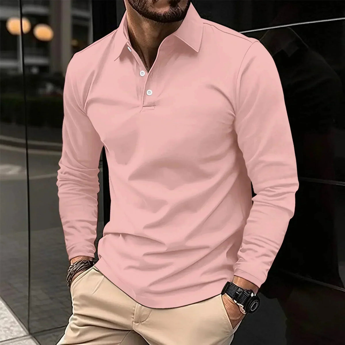 Men's long sleeve polo shirt with classic collar - pink