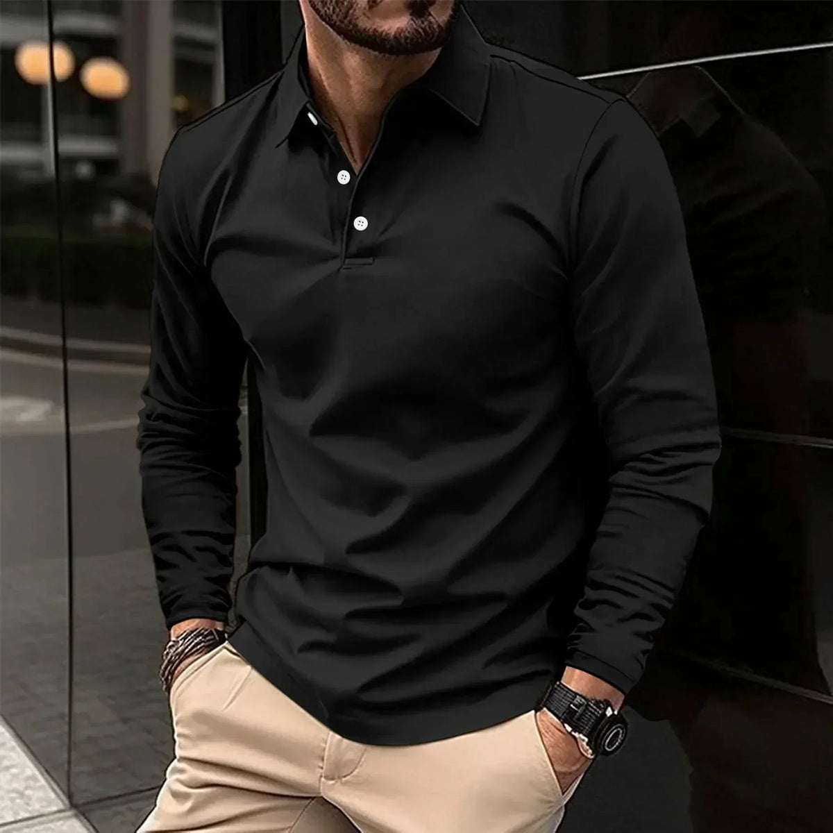 Men's long sleeve polo shirt with classic collar - black
