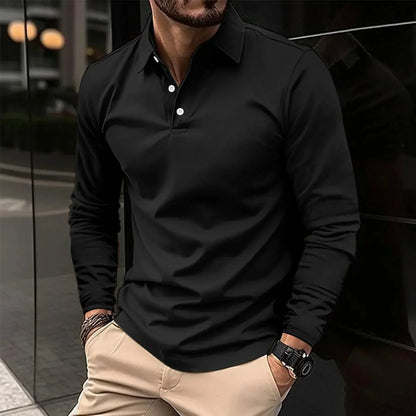Men's long sleeve polo shirt with classic collar - black