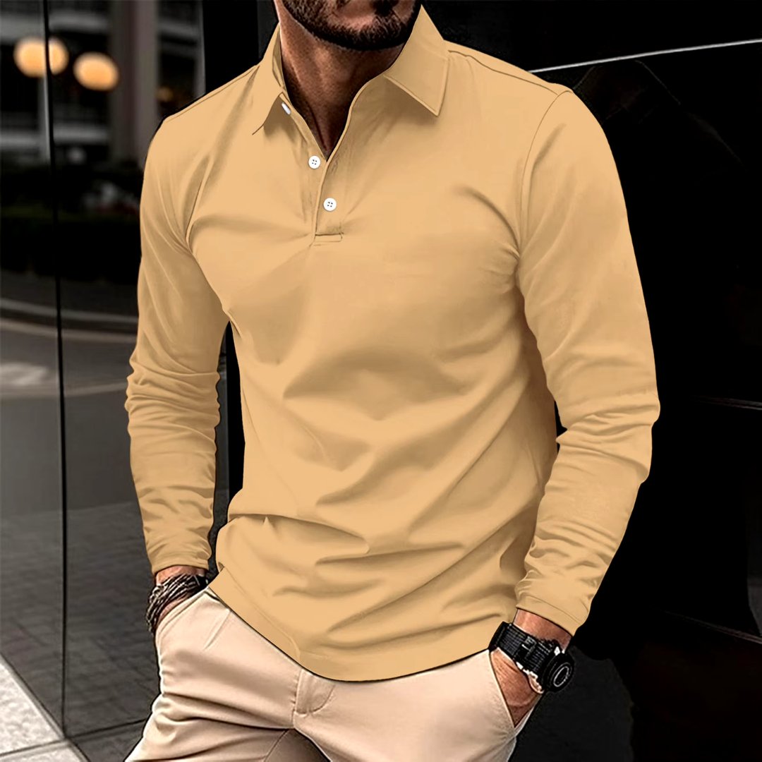 Men's long sleeve polo shirt with classic collar - khaki