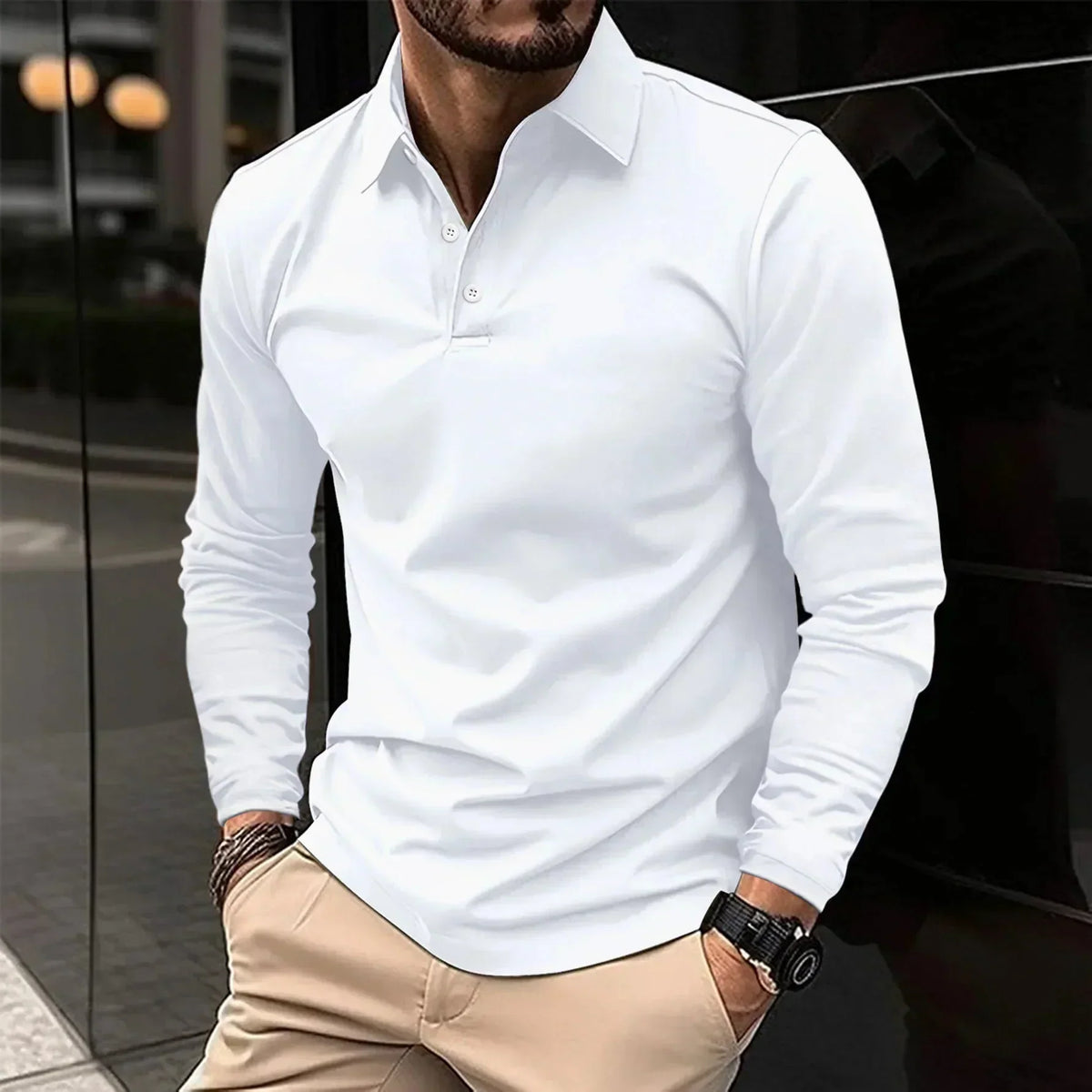 Men's long sleeve polo shirt with classic collar - white