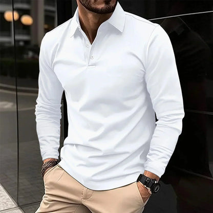 Men's long sleeve polo shirt with classic collar - white