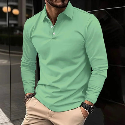 Men's long sleeve polo shirt with classic collar - green
