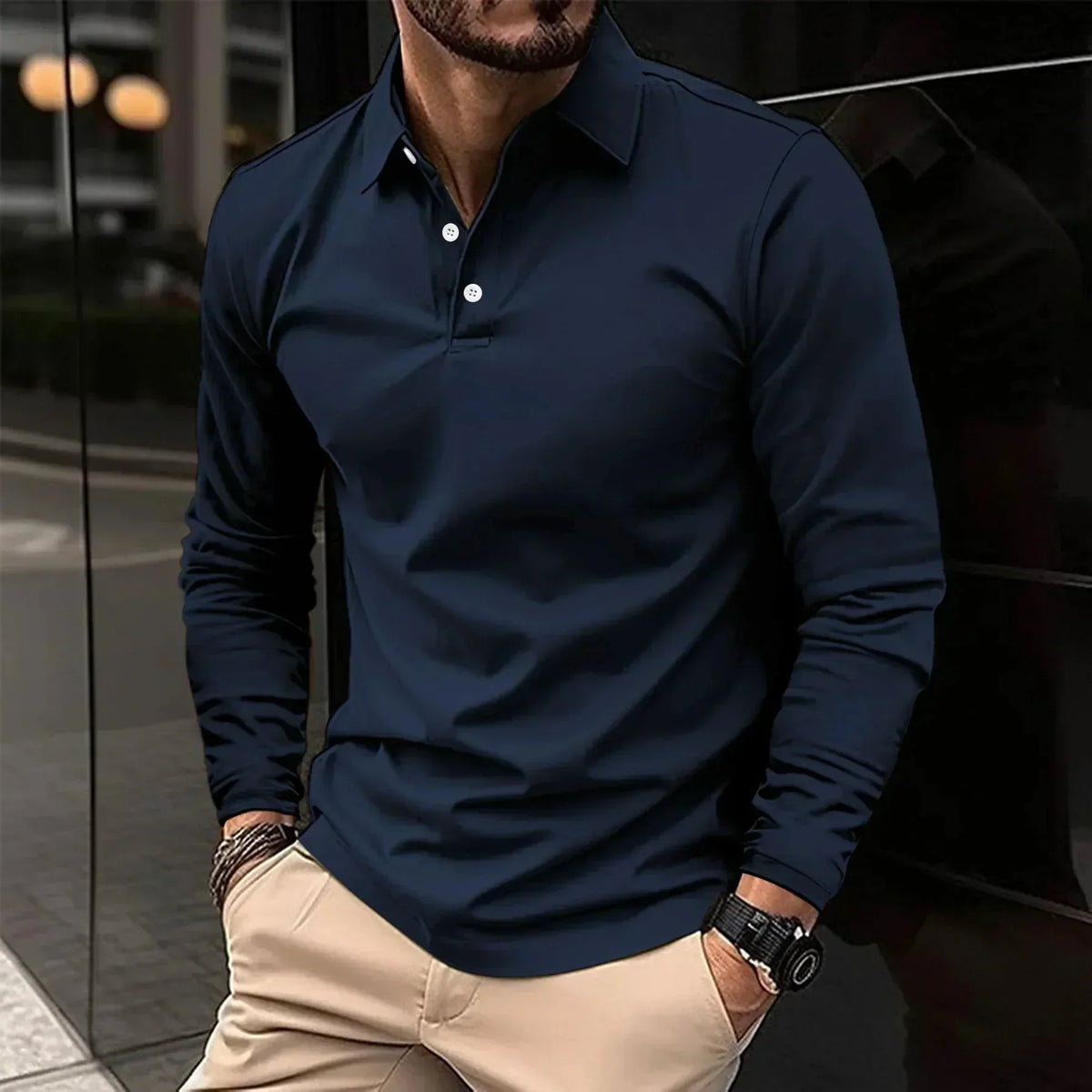 Men's long sleeve polo shirt with classic collar - blue