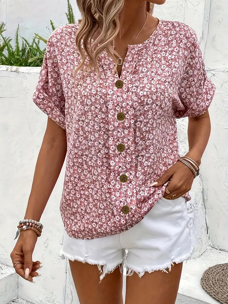 Remi | Women's Cotton Ditsy Floral Button-Front Blouse