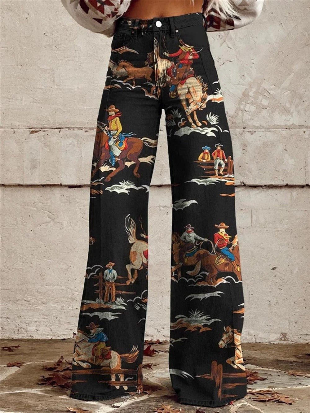 Ria | Women's Denim Western Print High-Waist Wide-Leg Pants