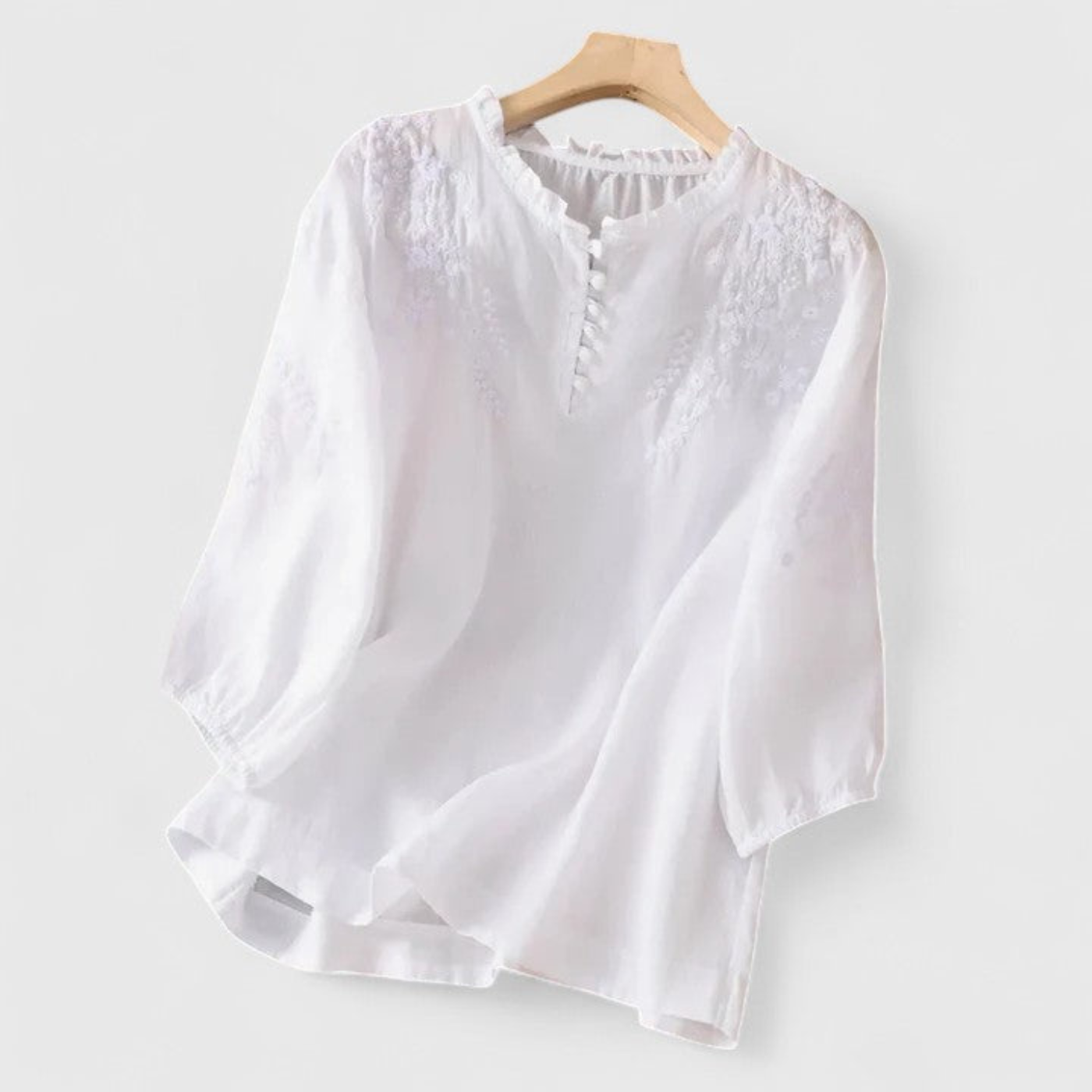 Rosie | Women's Linen Embroidered Ruffle Collar Pom-Pom Blouse