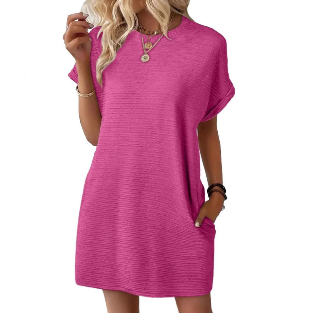 Roxanne | Women's Stretch Textured Crew-Neck Pocket Mini Dress