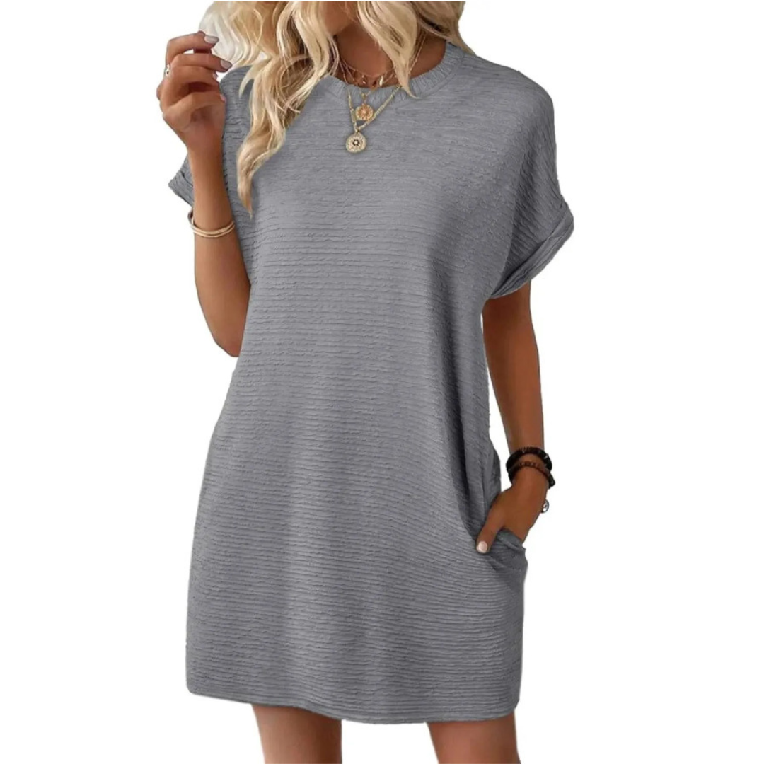 Roxanne | Women's Stretch Textured Crew-Neck Pocket Mini Dress