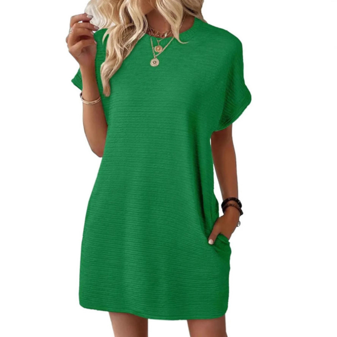 Roxanne | Women's Stretch Textured Crew-Neck Pocket Mini Dress