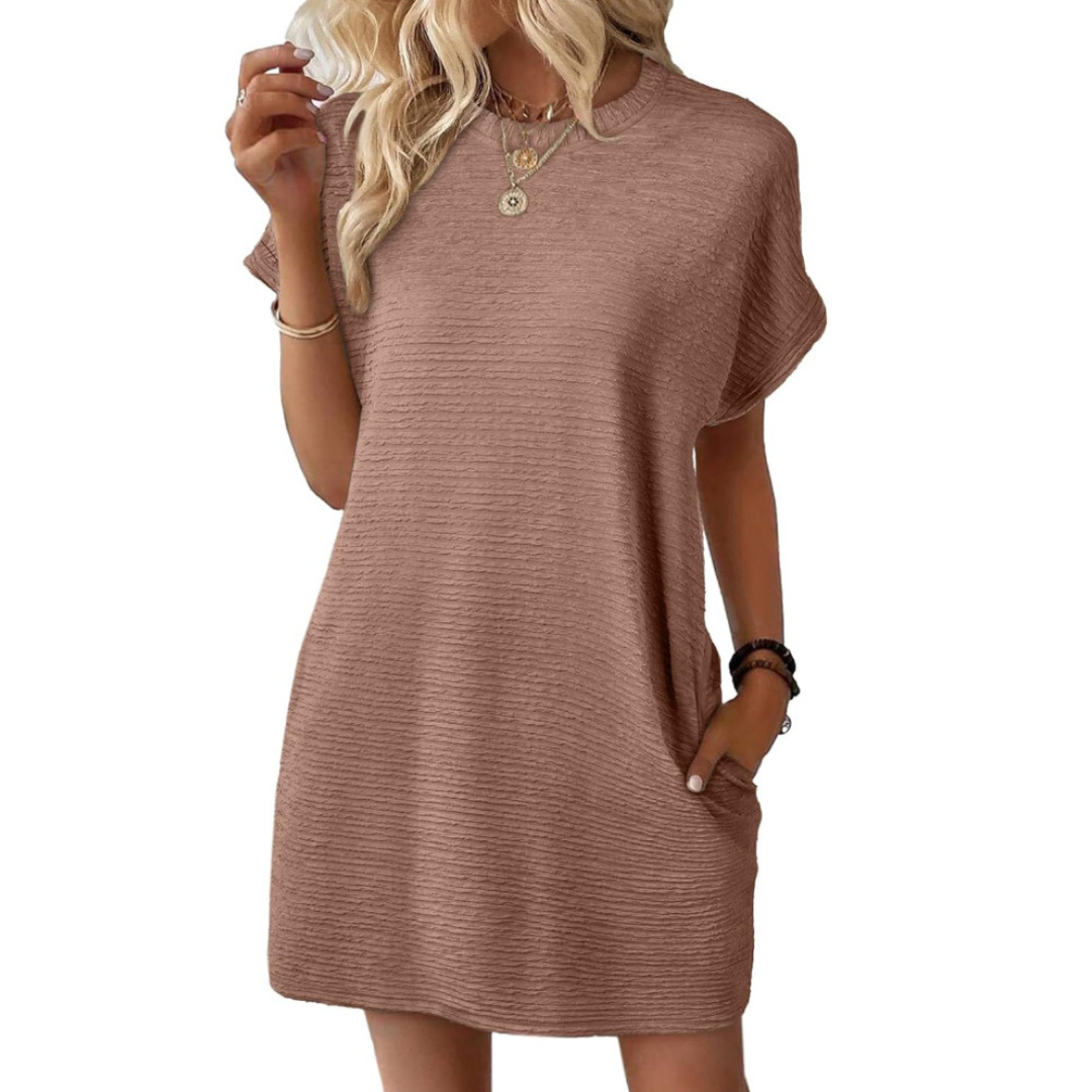 Roxanne | Women's Stretch Textured Crew-Neck Pocket Mini Dress