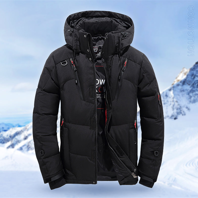 Men's hooded down puffer jacket with storm flap