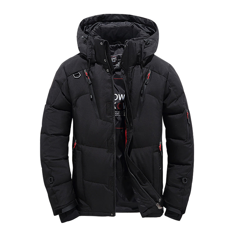 Men's hooded down puffer jacket with storm flap - black