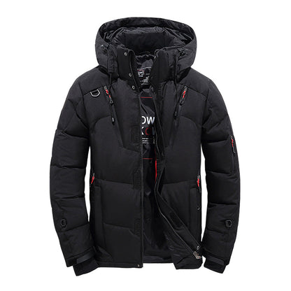 Men's hooded down puffer jacket with storm flap - black