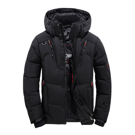 Men's hooded down puffer jacket with storm flap - black