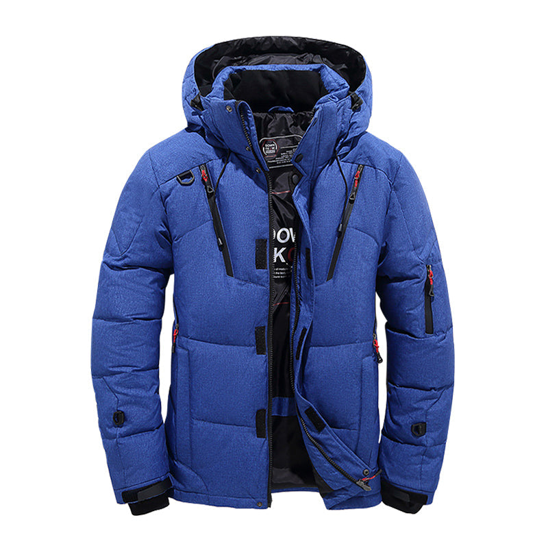 Men's hooded down puffer jacket with storm flap - blue