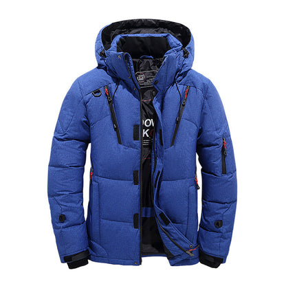 Men's hooded down puffer jacket with storm flap - blue