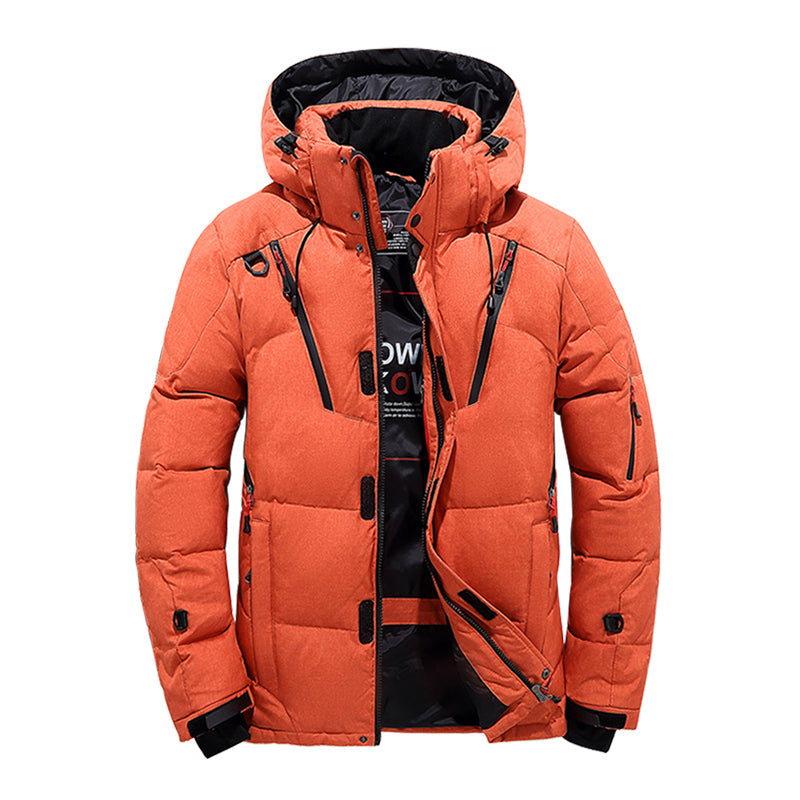 Men's hooded down puffer jacket with storm flap - orange