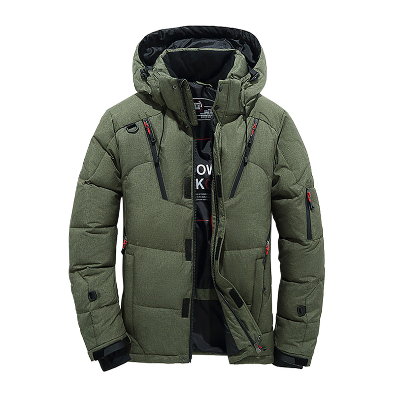 Men's hooded down puffer jacket with storm flap - green
