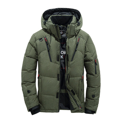 Men's hooded down puffer jacket with storm flap - green