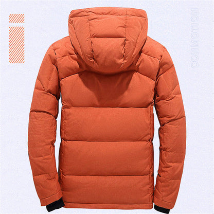 Men's hooded down puffer jacket with storm flap