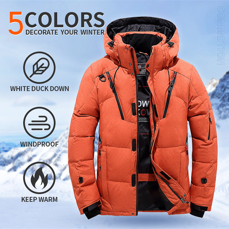 Men's hooded down puffer jacket with storm flap