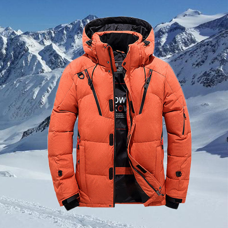 Men's hooded down puffer jacket with storm flap