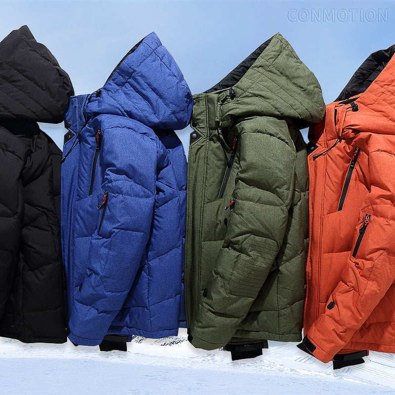 Men's hooded down puffer jacket with storm flap