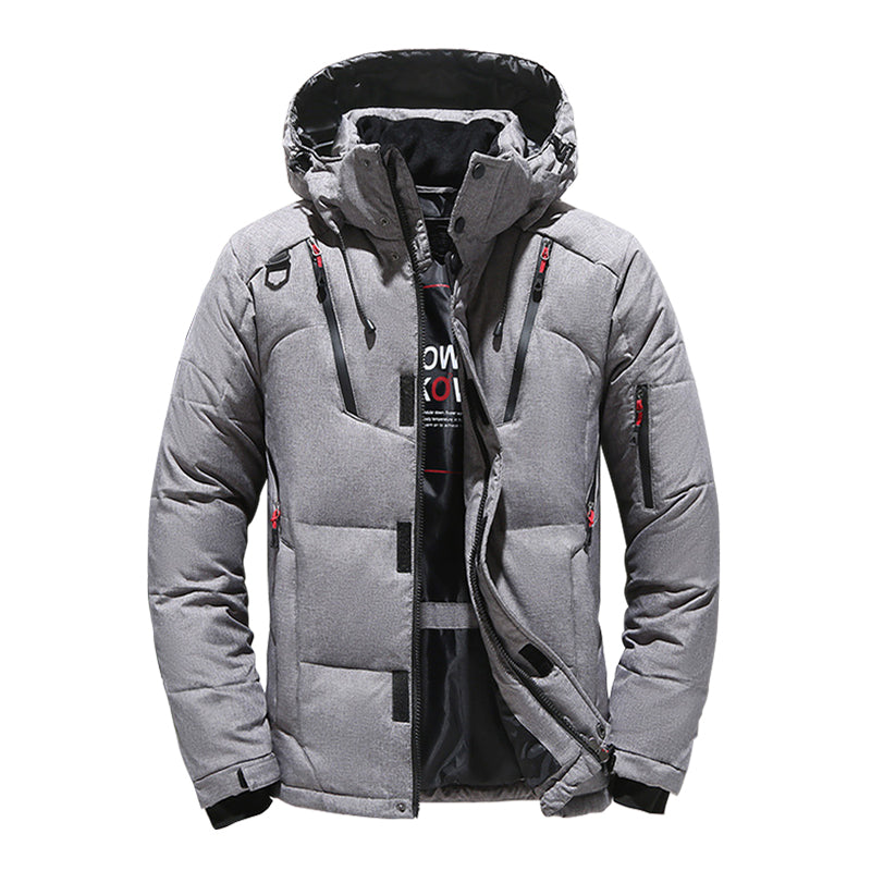 Men's hooded down puffer jacket with storm flap - gray